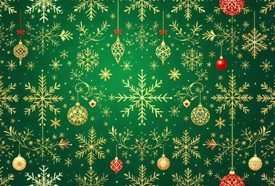 The primary subject of the image is a green and gold Christmas tree with ornaments. The tree is adorned with various ornaments, including gold and red balls. The setting is a Christmas-themed background, and the visual style is a combination of digital art and illustration. The colors and mood of the image are festive and joyful, with the green and gold colors representing the holiday season.